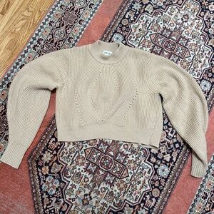 DKNY Merino Wool Cropped Open Back Puffed Sleeves Chunky Sweater Beige